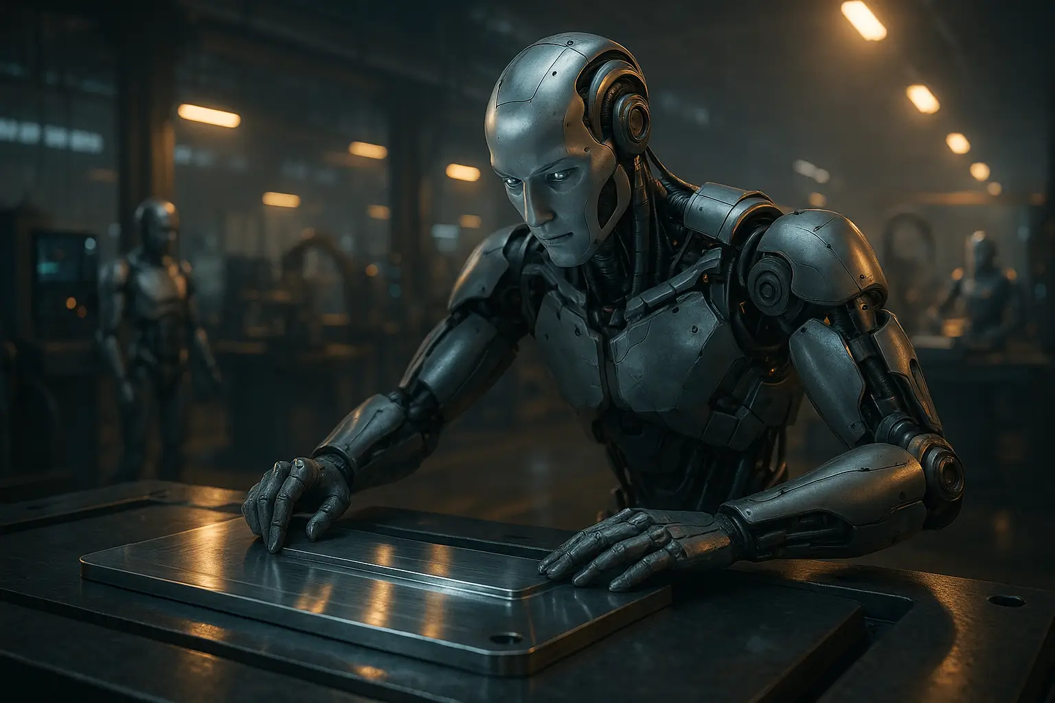 человекоподобный робот выравнивает металлическую деталь на столе