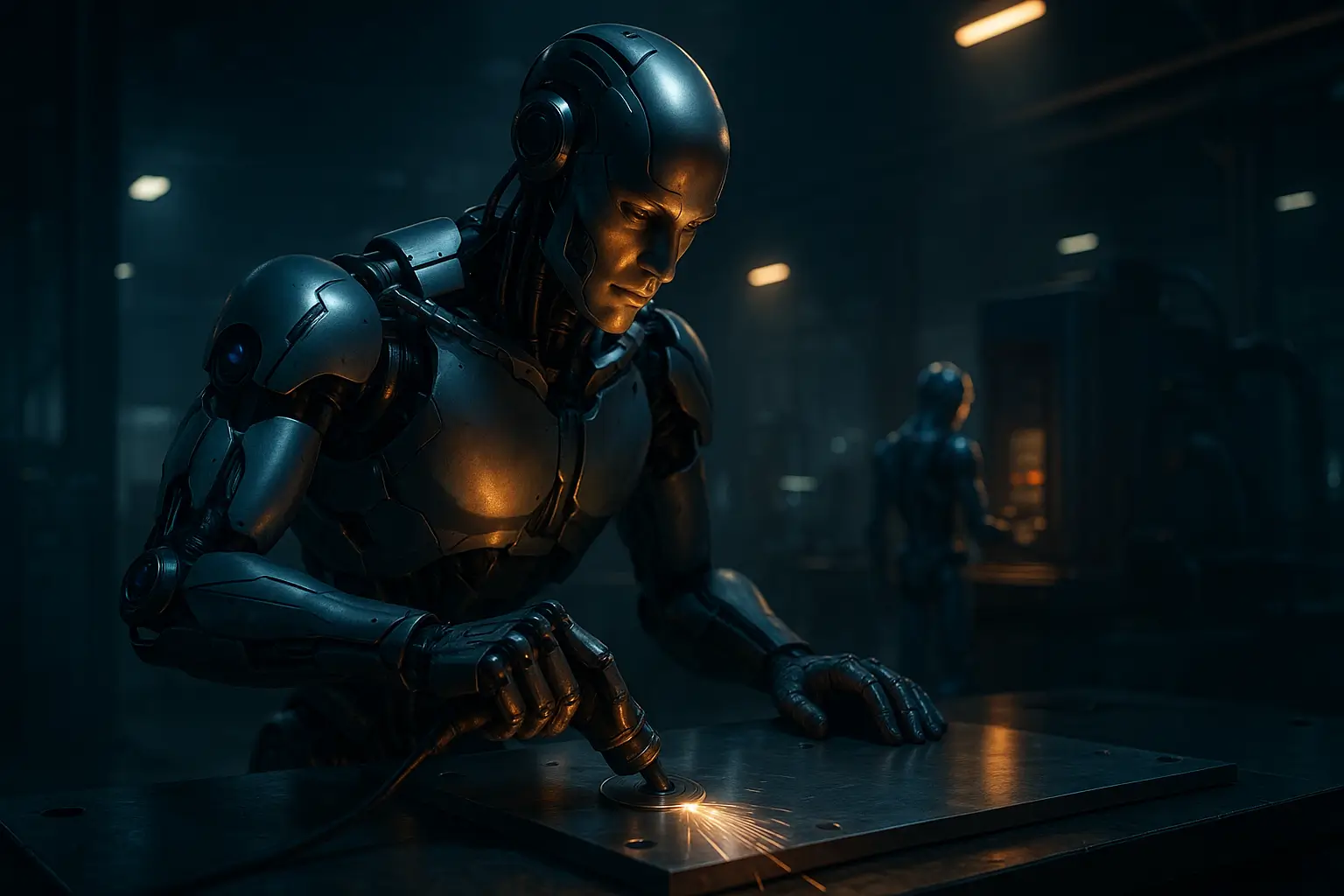 робот работает в тени обрабатывая металлическую пластину