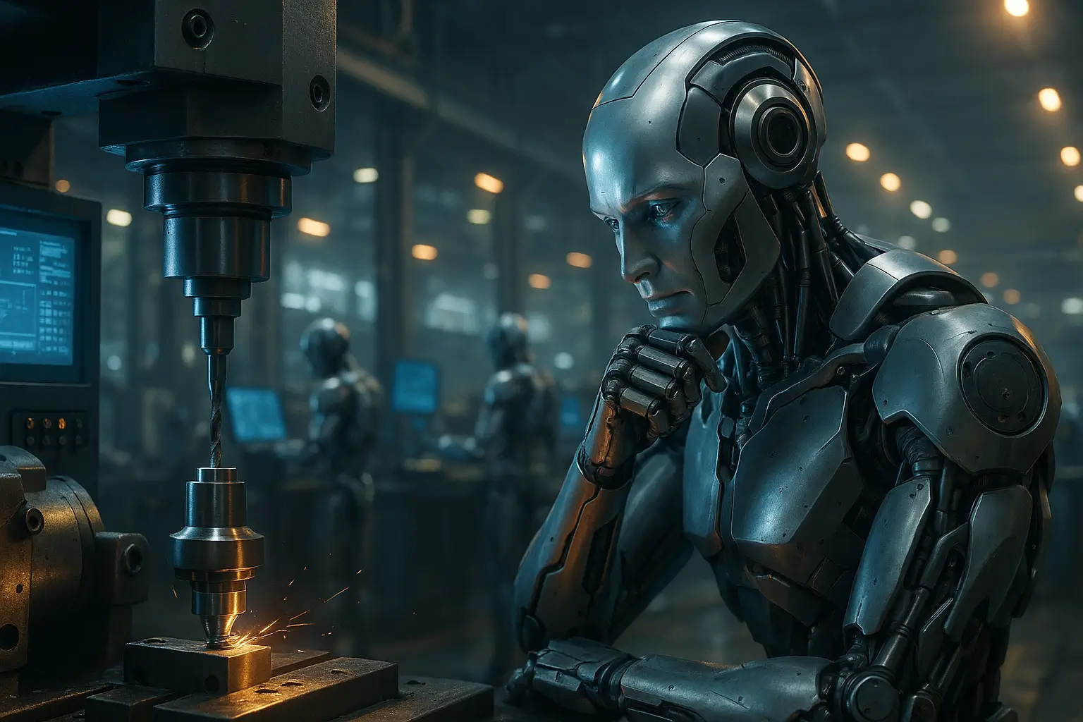 робот анализирует работу станка под синим светом