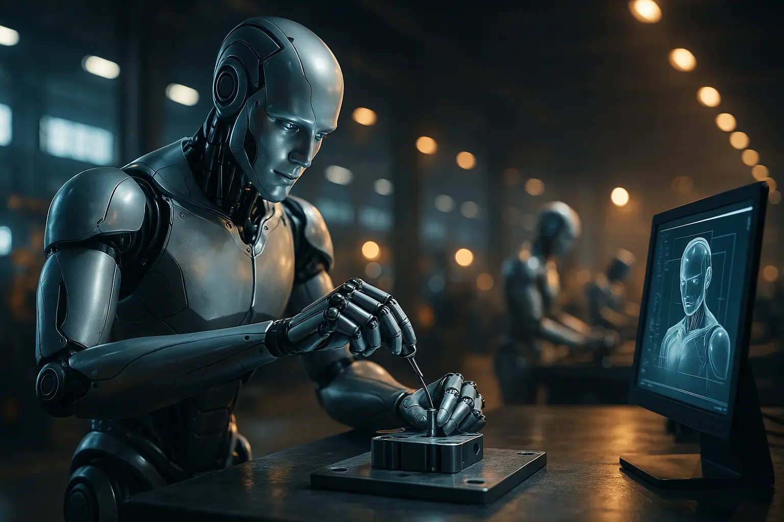 человекоподобный робот собирает деталь с точностью под контролем монитора