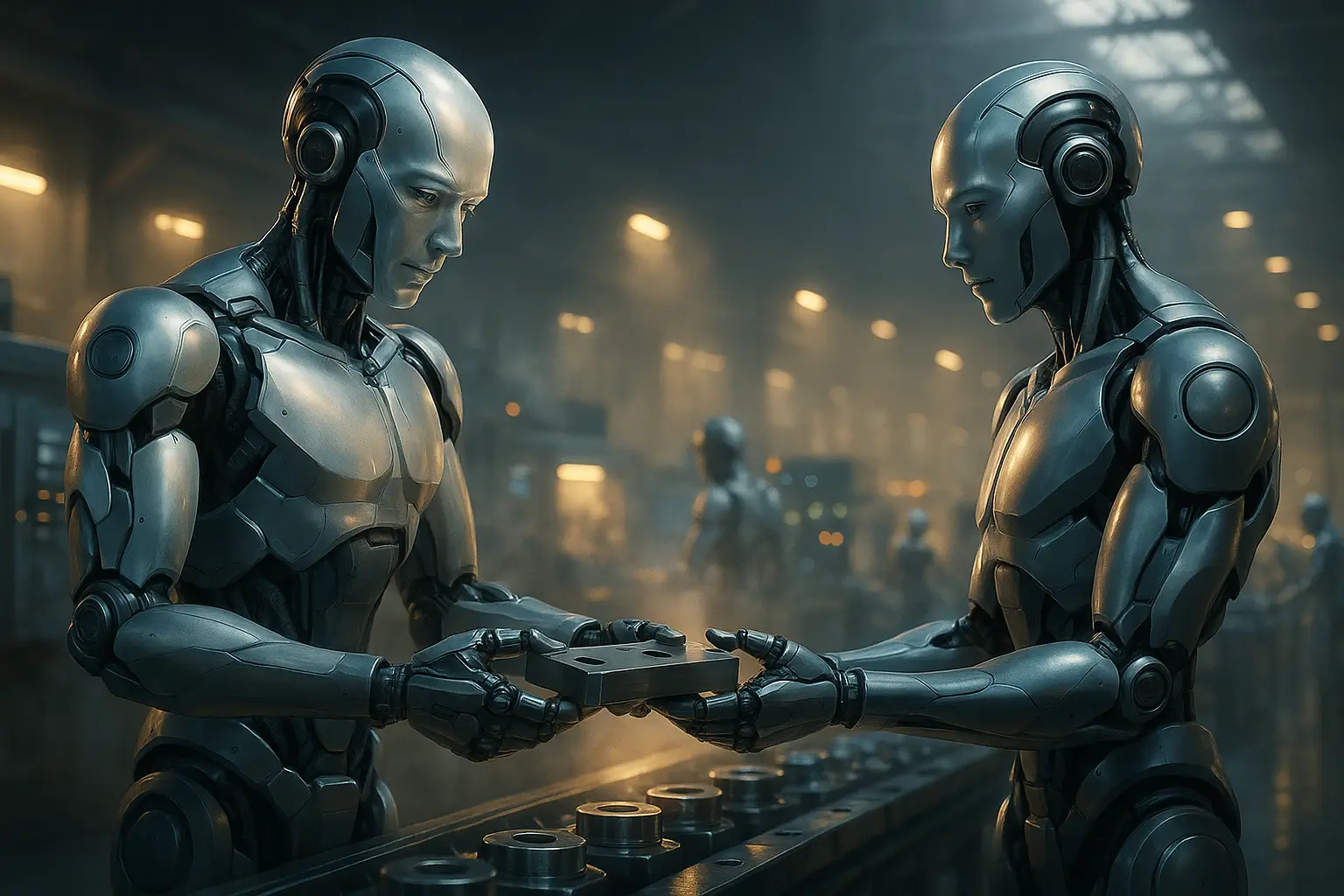 два робота передают деталь друг другу на производстве