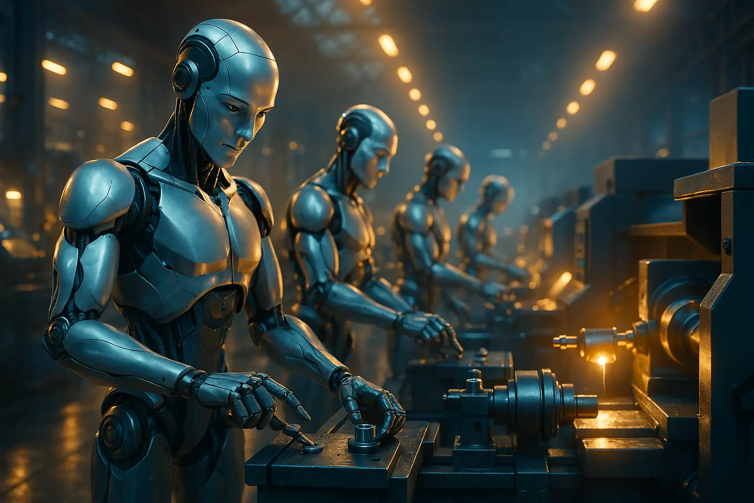 несколько роботов работают синхронно на производственной линии