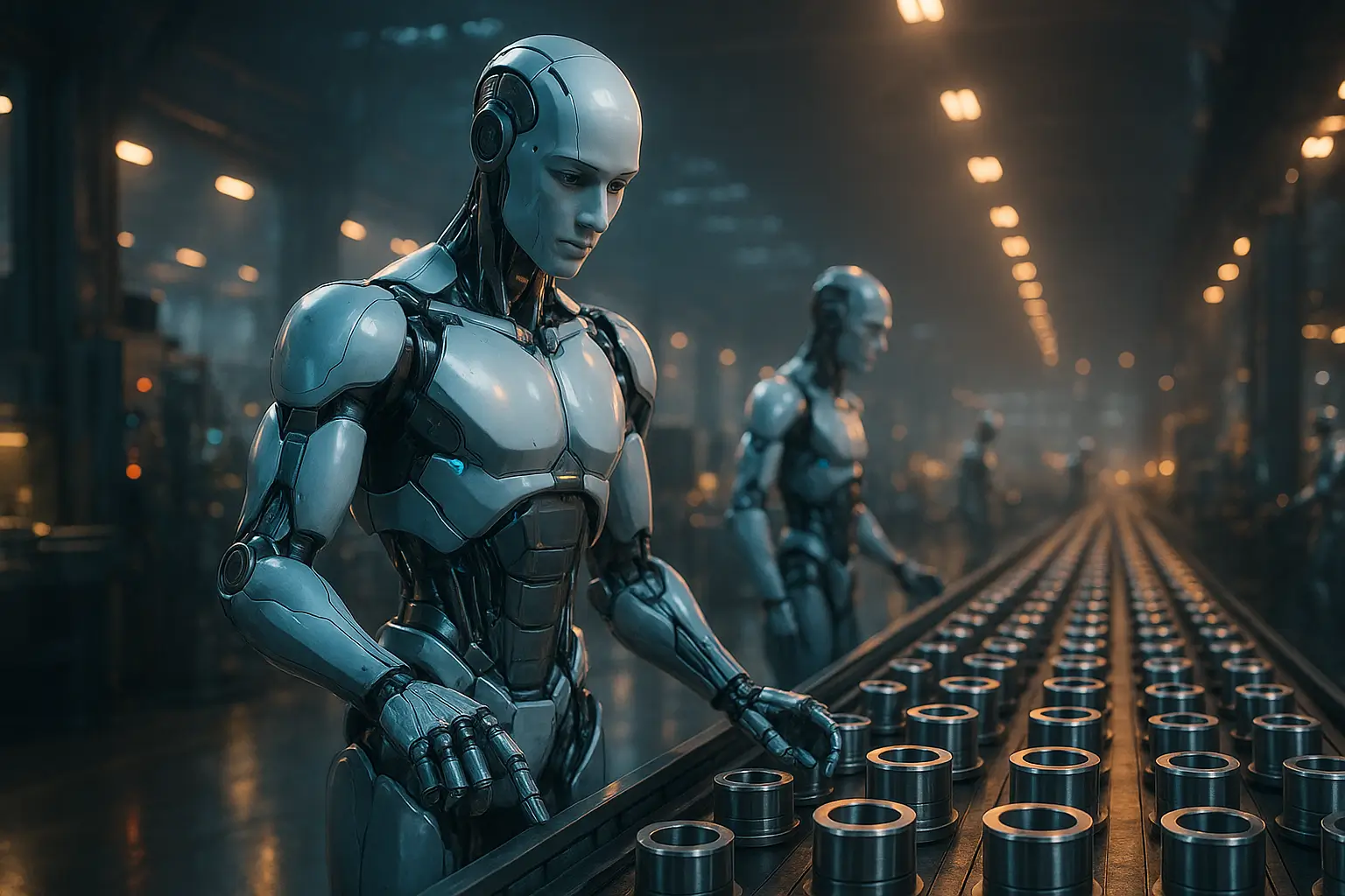 человекоподобный робот проверяет конвейер с готовыми изделиями