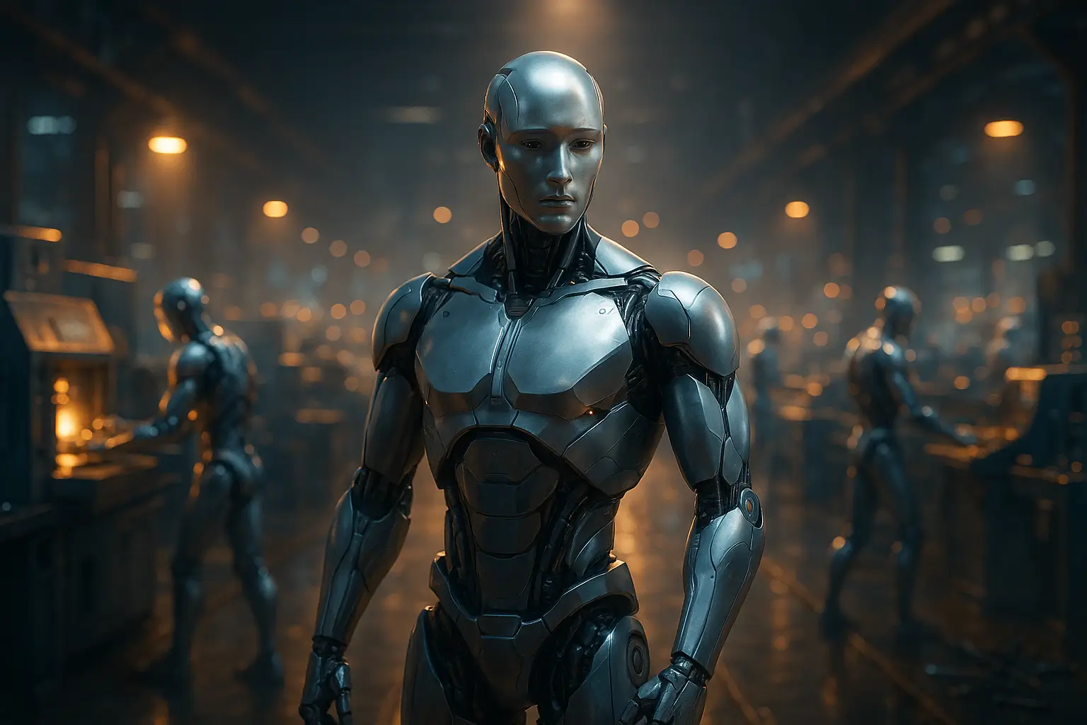 робот наблюдает за производством в момент паузы