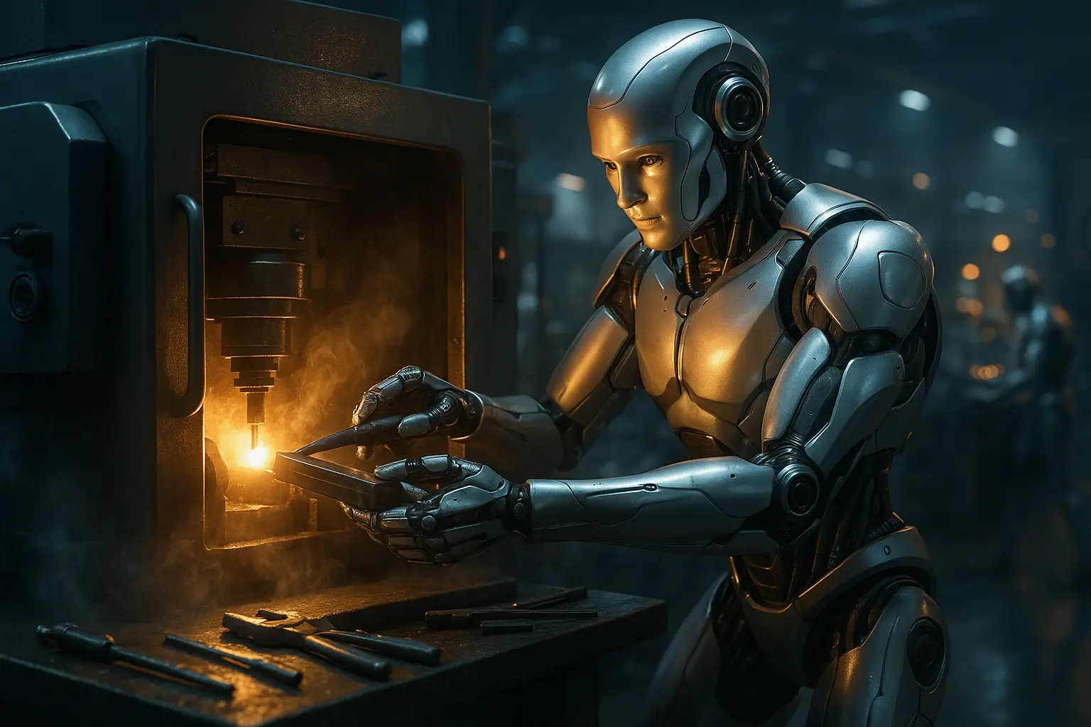 робот чинит станок с подсветкой внутри корпуса